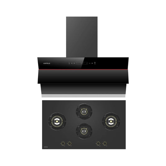 Hafele 90 cm Wall Mounted Chimney Essentia Series RENATA INCLINED 90 + Hafele 90 cm 4 Burner Hob Essentia Series VERENA 490