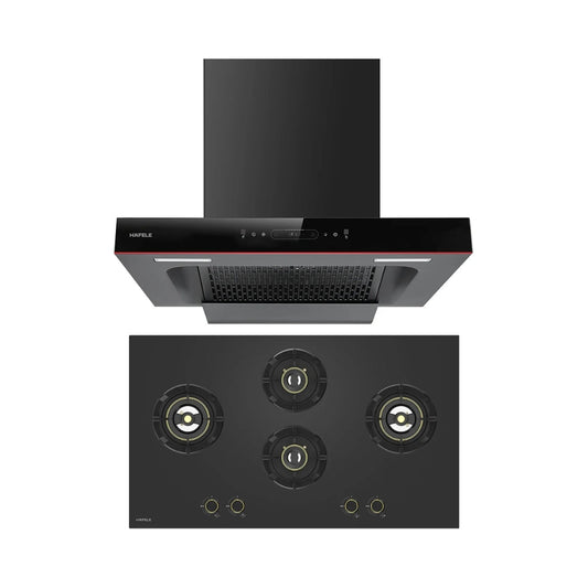 Hafele 90 cm Wall Mounted Chimney Essentia Series RENATA T-90 HOOD + Hafele 90 cm 4 Burner Hob Essentia Series VERENA 490