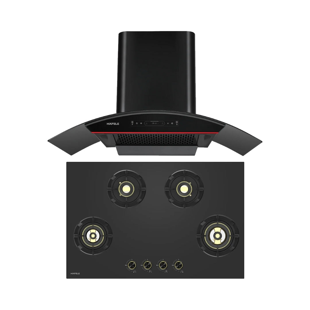 Hafele 90 cm Wall Mounted Chimney Essentia Series RENATA CURVED 90 + Hafele 80 cm 4 Burner Hob Essentia Series AUGUSTA 480