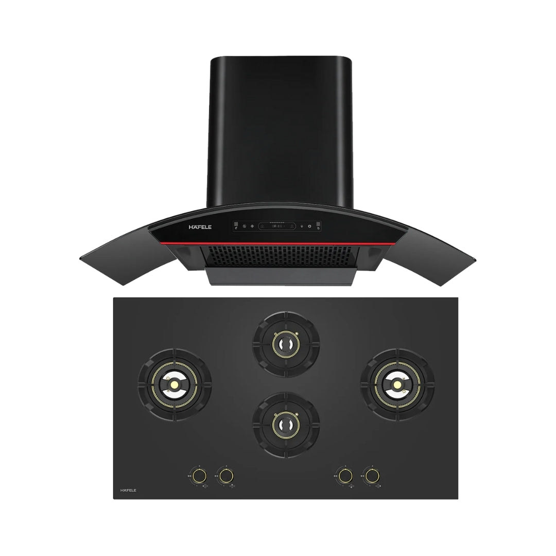 Hafele 90 cm Wall Mounted Chimney Essentia Series RENATA CURVED 90 + Hafele 90 cm 4 Burner Hob Essentia Series VERENA 490