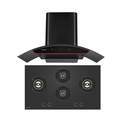 Hafele 90 cm Wall Mounted Chimney Essentia Series RENATA CURVED 90 + Hafele 90 cm 4 Burner Hob Essentia Series VERENA 490