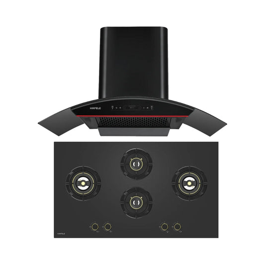 Hafele 90 cm Wall Mounted Chimney Essentia Series RENATA CURVED 90 + Hafele 90 cm 4 Burner Hob Essentia Series VERENA 490