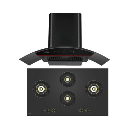 Hafele 90 cm Wall Mounted Chimney Essentia Series RENATA CURVED 90 + Hafele 90 cm 4 Burner Hob Essentia Series AUGUSTA 490