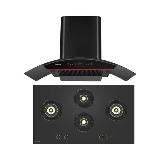 Hafele 90 cm Wall Mounted Chimney Essentia Series RENATA CURVED 90 + Hafele 90 cm 4 Burner Hob Essentia Series AUGUSTA 490