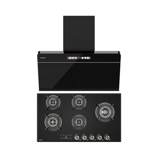 Hafele 90 cm Wall Mounted Chimney TERESA NEO I-90 BLDC + Hafele 90 cm 5 Burner Hob Cronus Series CRONUS 590