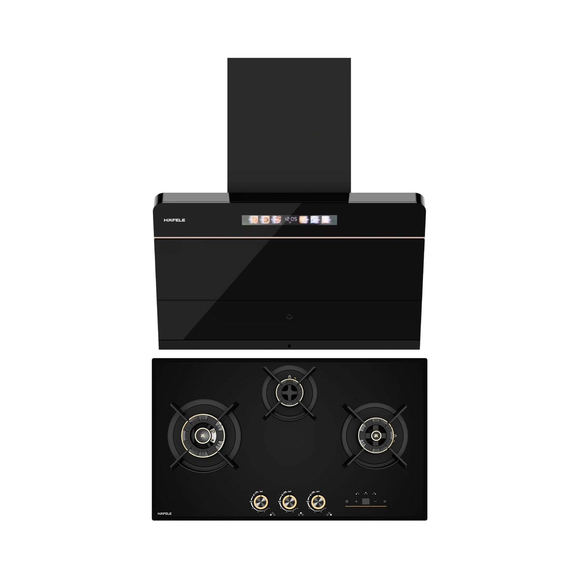Hafele 75 cm Wall Mounted Chimney TERESA NEO I-75 BLDC + Hafele 75 cm 3 Burner Hob Cronus Series CRONUS 378