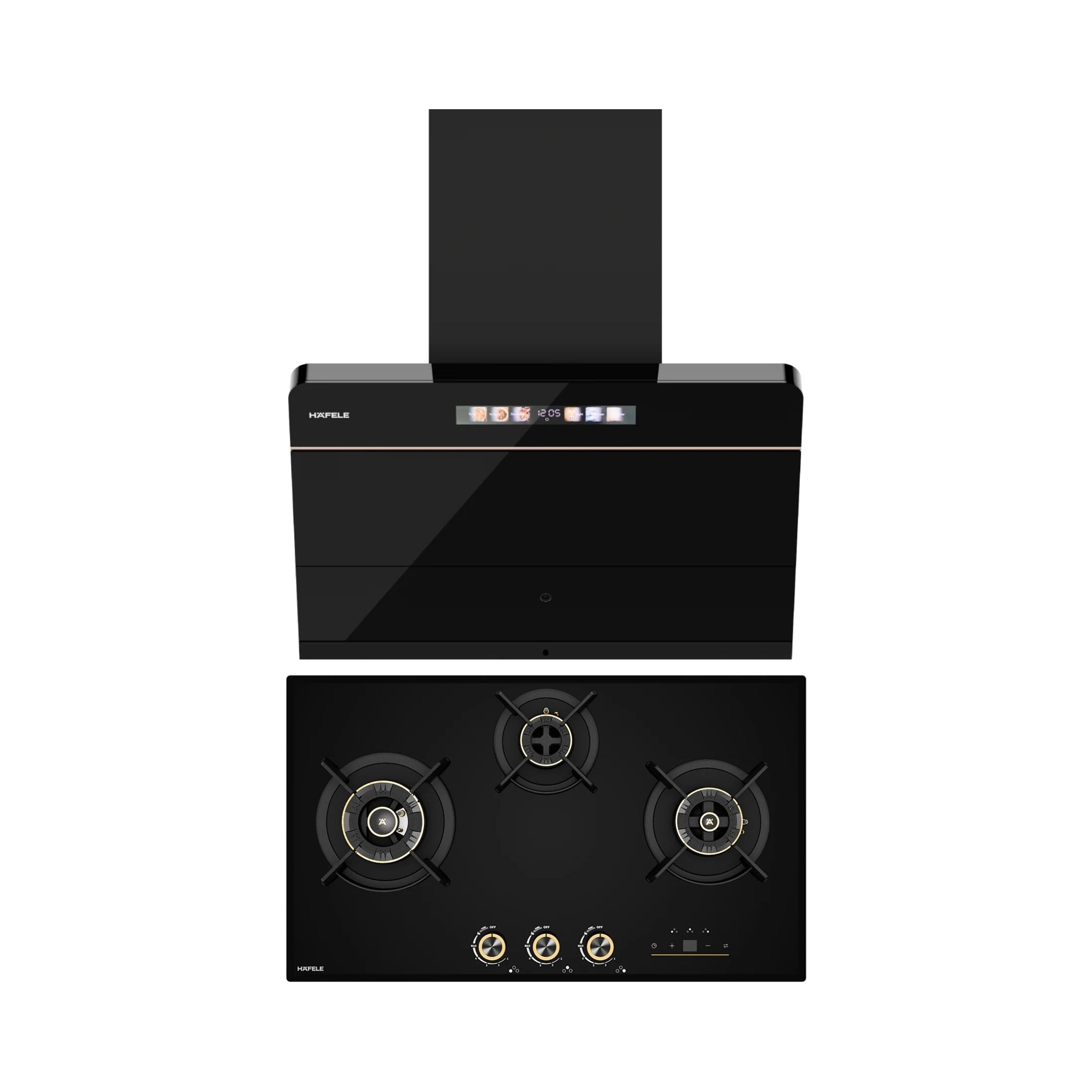 Hafele 75 cm Wall Mounted Chimney TERESA NEO I-75 BLDC + Hafele 75 cm 3 Burner Hob Cronus Series CRONUS 378