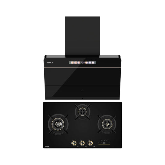 Hafele 75 cm Wall Mounted Chimney TERESA NEO I-75 BLDC + Hafele 75 cm 3 Burner Hob Cronus Series CRONUS 378
