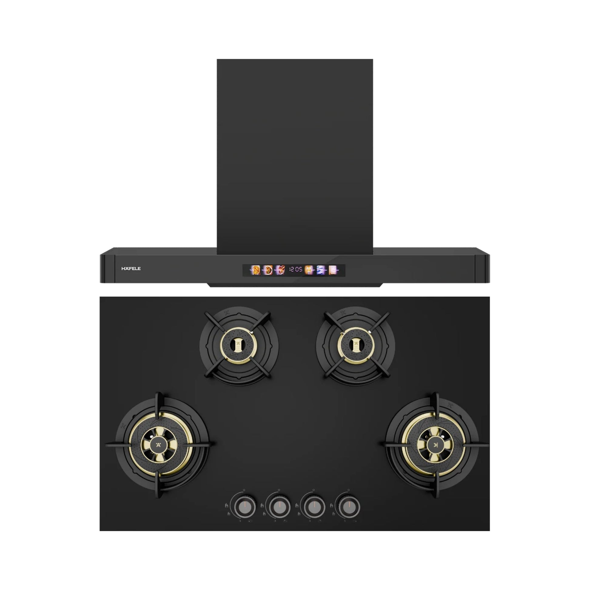 Hafele 90 cm Wall Mounted Chimney TERESA T-90 BLDC + Hafele 86 cm 4 Burner Hob Altius Plus Matt Series ALTIUS PLUS MATT GLASS 490