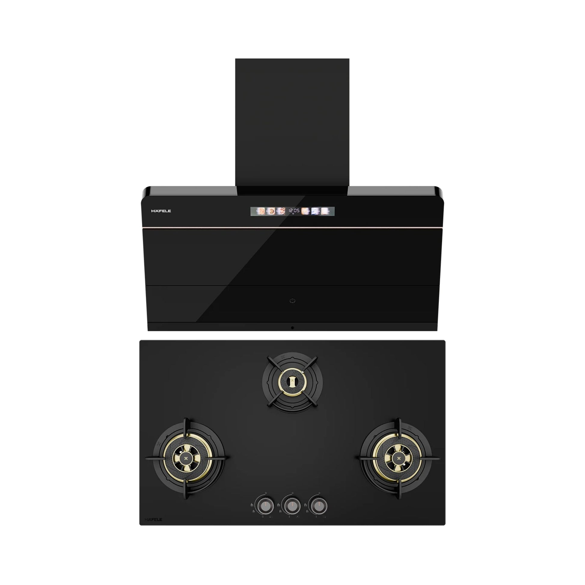 Hafele 90 cm Wall Mounted Chimney TERESA NEO I-90 BLDC + Hafele 86 cm 3 Burner Hob Altius Plus Matt Series ALTIUS PLUS MATT GLASS 390