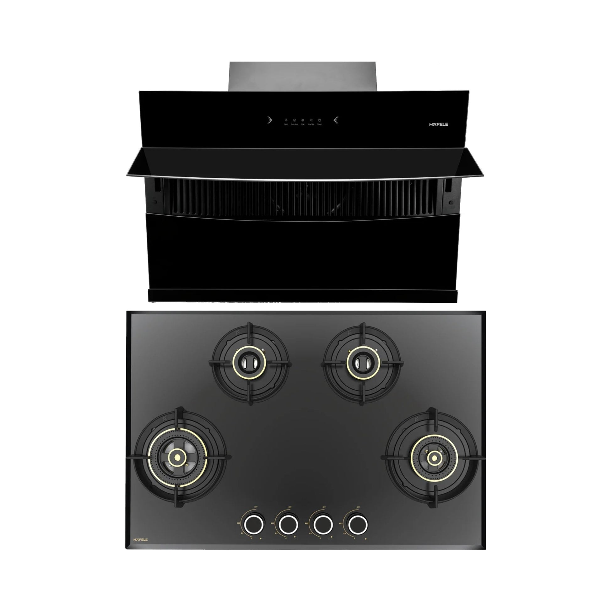 Hafele 90 cm Wall Mounted Chimney RHINE 90 + Hafele 78 cm 4 Burner Hob Altius Series ALTIUS FS 480