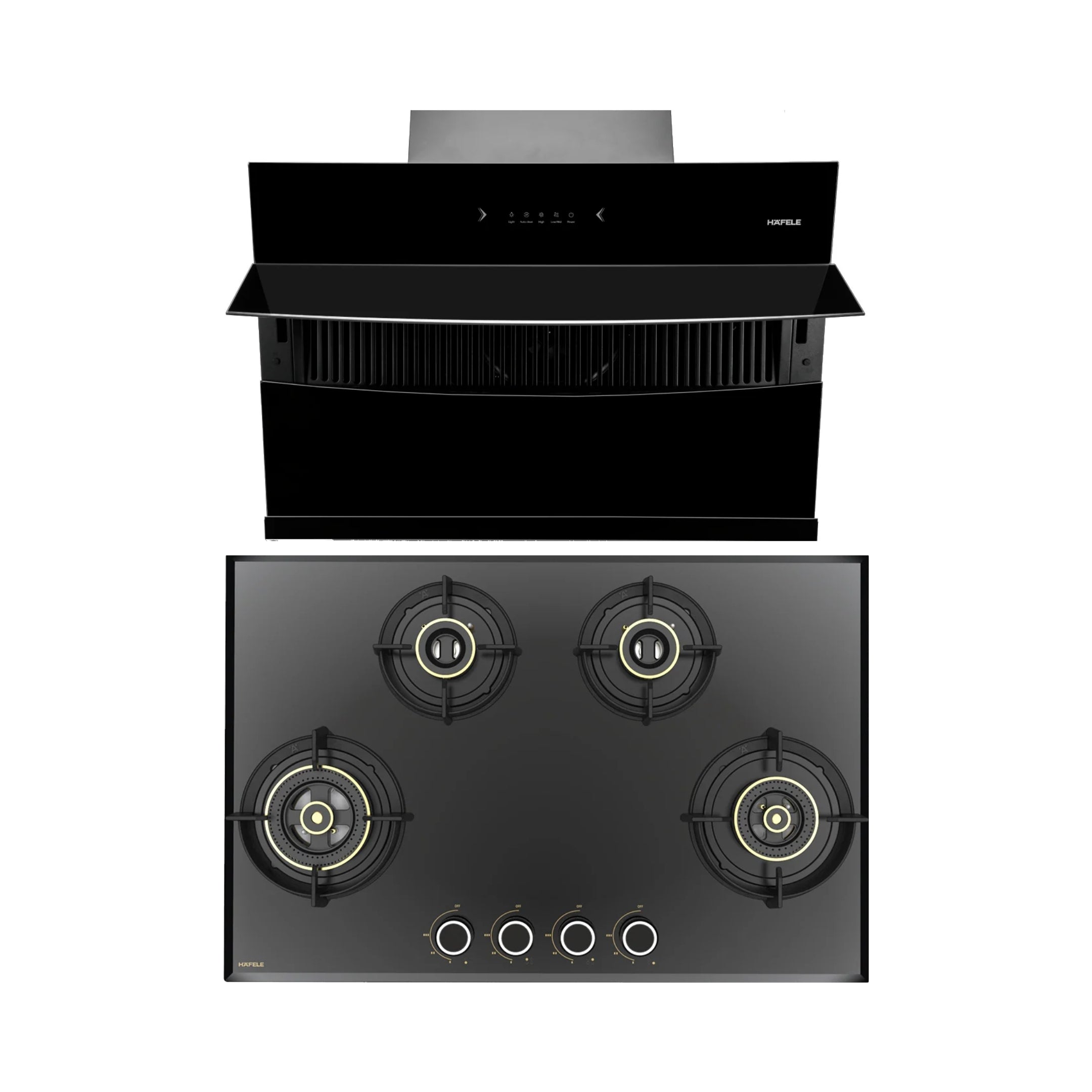 Hafele 90 cm Wall Mounted Chimney RHINE 90 + Hafele 78 cm 4 Burner Hob Altius Series ALTIUS FS 480