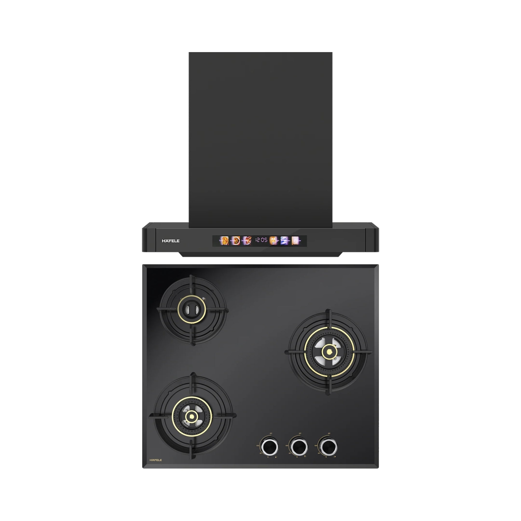 Hafele 60 cm Wall Mounted Chimney TERESA T-60 BLDC + Hafele 60 cm 3 Burner Hob Altius Series ALTIUS FS 360