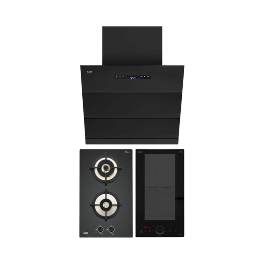 Kaff 60 cm Wall Mounted Chimney LYNN 60 DC BLDC + Kaff 30 cm 2 Burner Hob Bellini F BLHF 302X + Kaff 2 Zones Induction Hob IND 32
