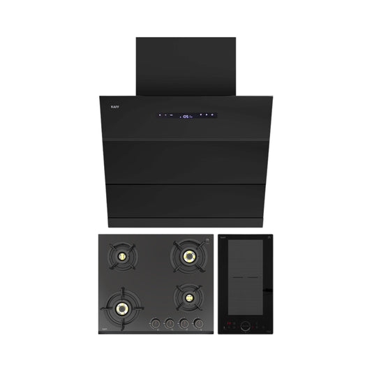 Kaff 90 cm Wall Mounted Chimney LYNN 90 DC BLDC + Kaff 60 cm 4 Burner Hob Ashford ASF 604 + Kaff 2 Zones Induction Hob IND 32