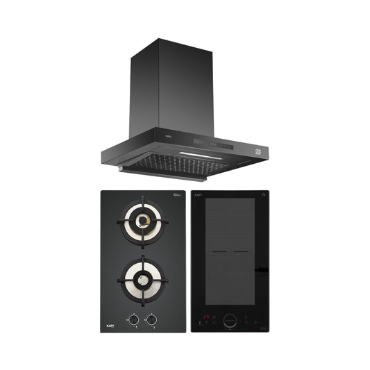 Kaff 60 cm Wall Mounted Chimney ASHPRO 60 DC - BLDC + Kaff 30 cm 2 Burner Hob Bellini F BLHF 302X + Kaff 2 Zones Induction Hob IND 32