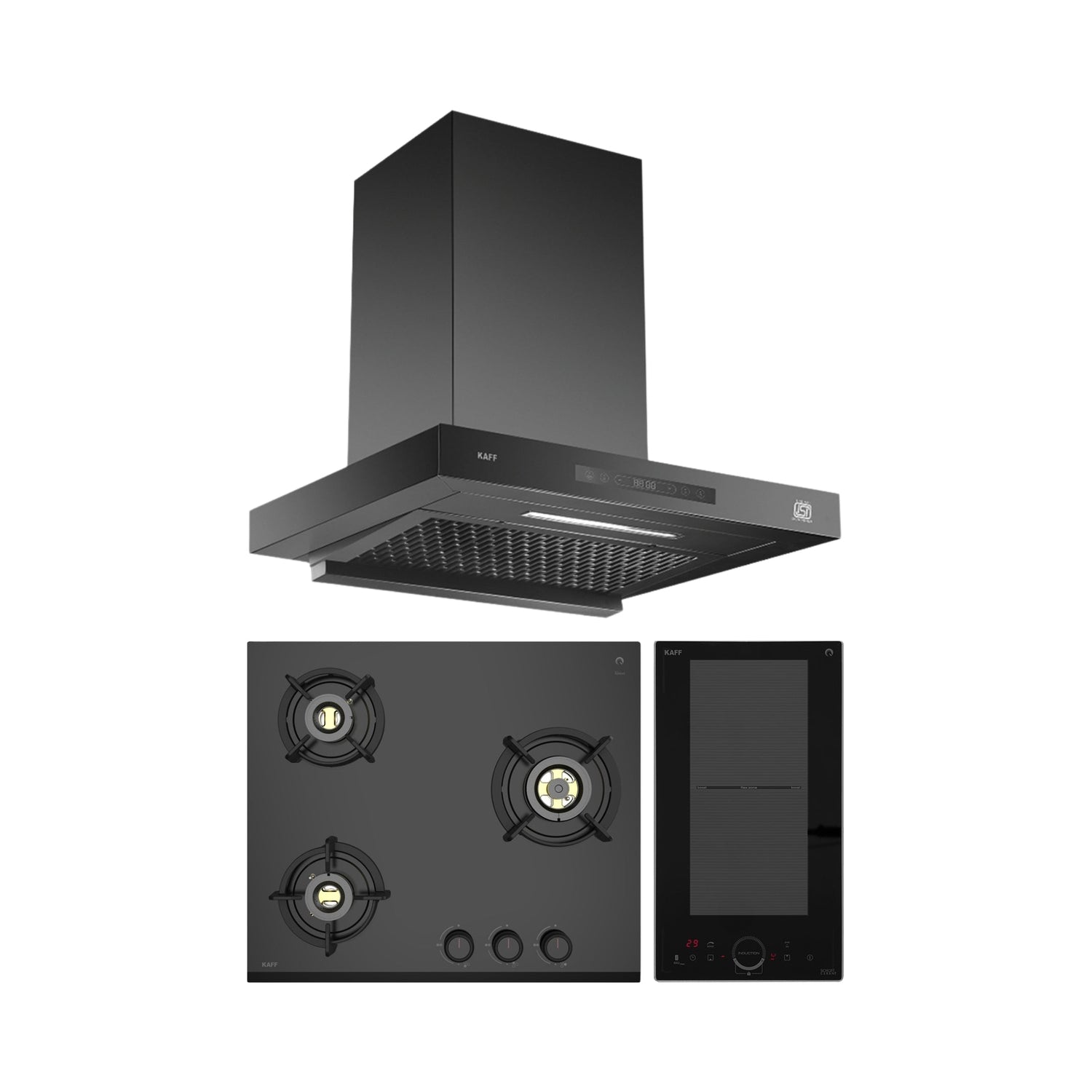 Kaff 90 cm Wall Mounted Chimney ASHPRO 90 DC - BLDC + Kaff 60 cm 3 Burner Hob Ashford ASF 603 + Kaff 2 Zones Induction Hob IND 32