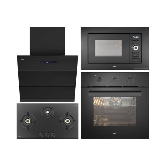 Kaff Built In Oven KOV 70 BA6 + Kaff Built-In Microwave KMW 5PJ BLK + Kaff 75 cm Wall Mounted Chimney LYNN 75 DC BLDC + Kaff 78 cm 3 Burner Hob Ashford ASF 783