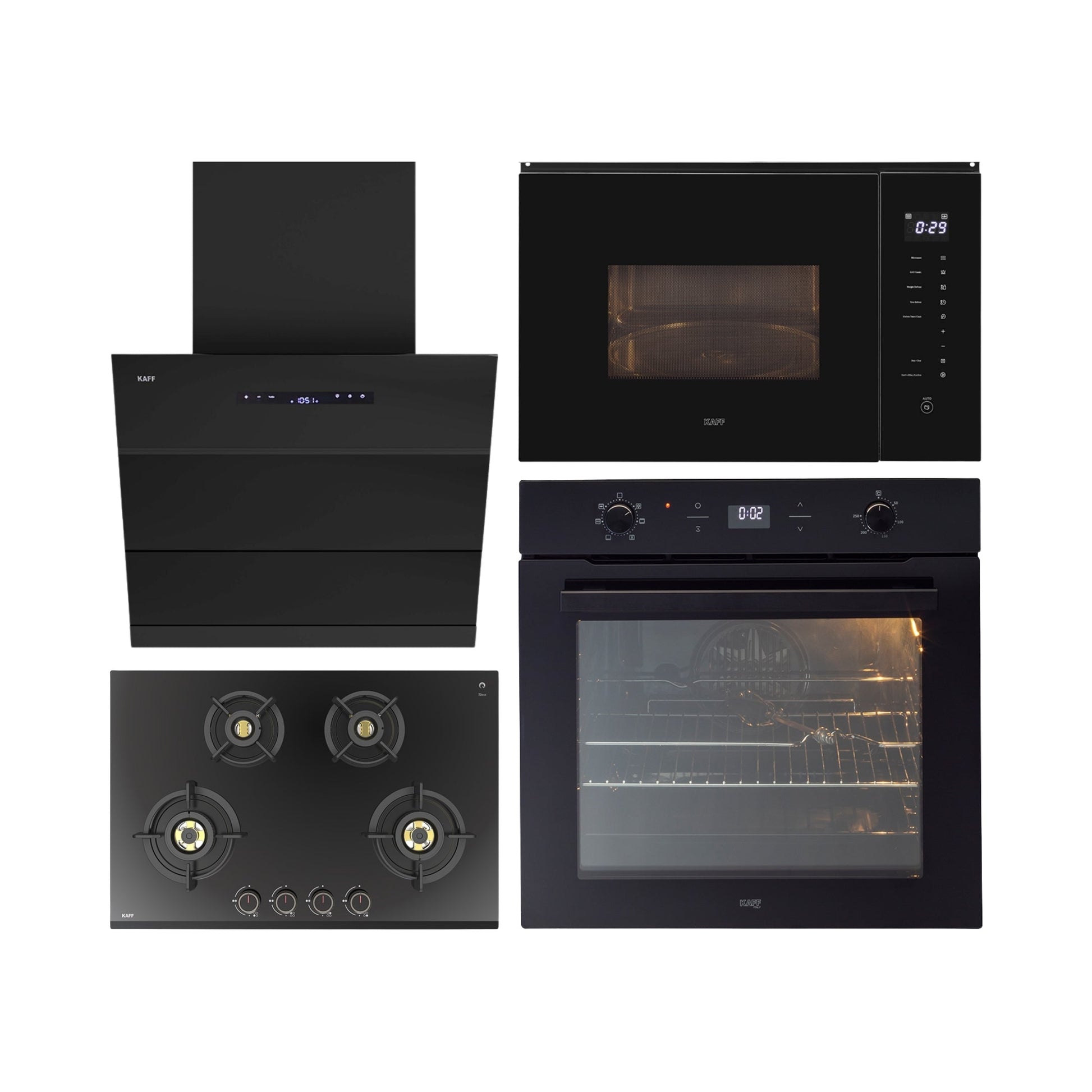 Kaff Built In Oven With Air Fryer OV 81 GIKAFR + Kaff Built-In Microwave KMW HN 6 BLK + Kaff 75 cm Wall Mounted Chimney LYNN 75 DC BLDC + Kaff 78 cm 4 Burner Hob Ashford ASF 784