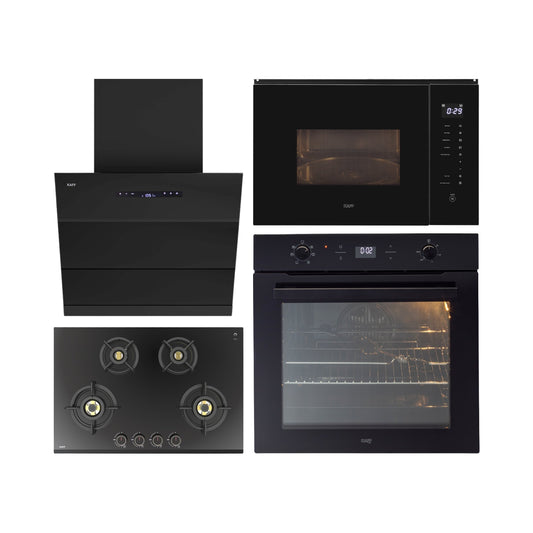 Kaff Built In Oven With Air Fryer OV 81 GIKAFR + Kaff Built-In Microwave KMW HN 6 BLK + Kaff 75 cm Wall Mounted Chimney LYNN 75 DC BLDC + Kaff 78 cm 4 Burner Hob Ashford ASF 784