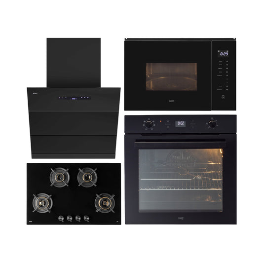 Kaff Built In Oven OV 81 GIKF + Kaff Built-In Microwave KMW HN 6 BLK + Kaff 75 cm Wall Mounted Chimney LYNN 75 DC BLDC + Kaff 80 cm 4 Burner Hob Infra INF 804