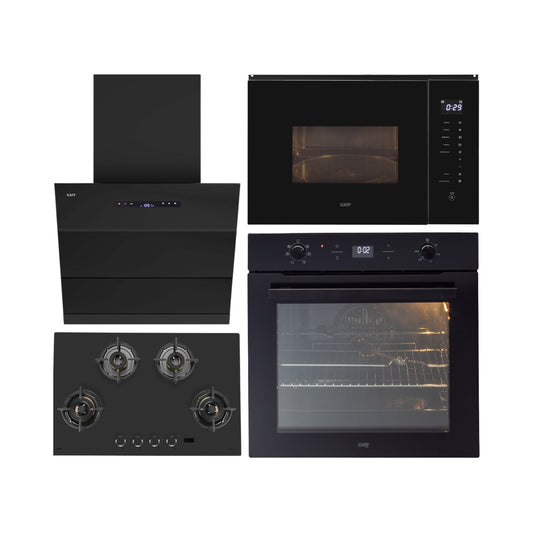 Kaff Built In Oven With Air Fryer OV 81 GIKAFR + Kaff Built-In Microwave KMW HN 6 BLK + Kaff 75 cm Wall Mounted Chimney LYNN 75 DC BLDC + Kaff 80 cm 4 Burner Hob Preston PRS 804