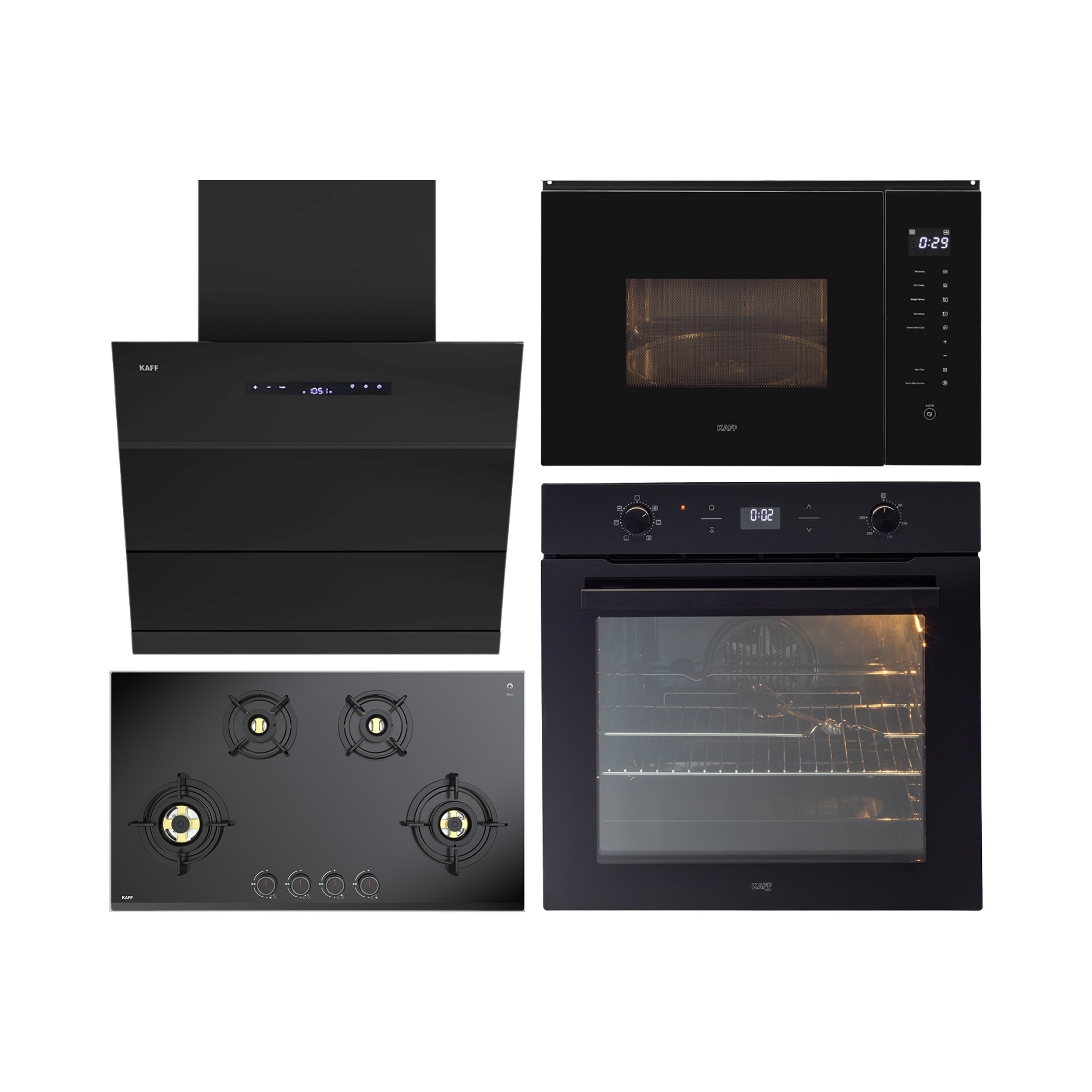 Kaff Built In Oven With Air Fryer OV 81 GIKAFR + Kaff Built-In Microwave KMW HN 6 BLK + Kaff 90 cm Wall Mounted Chimney LYNN 90 DC BLDC + Kaff 90 cm 4 Burner Hob Ashford Series ASF 94M