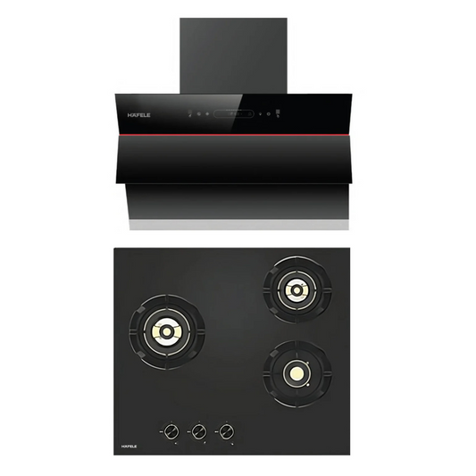 Hafele 60 cm Wall Mounted Chimney Essentia Series RENATA INCLINED 60 + Hafele 60 cm 3 Burner Hob Essentia Series AUGUSTA 360