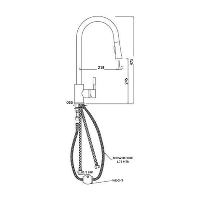 Artize Table Mounted Pull-Down Kitchen Sink Mixer FLO2 AKF-77175B with Extractable Hand Shower Spout in Black Matt Finish