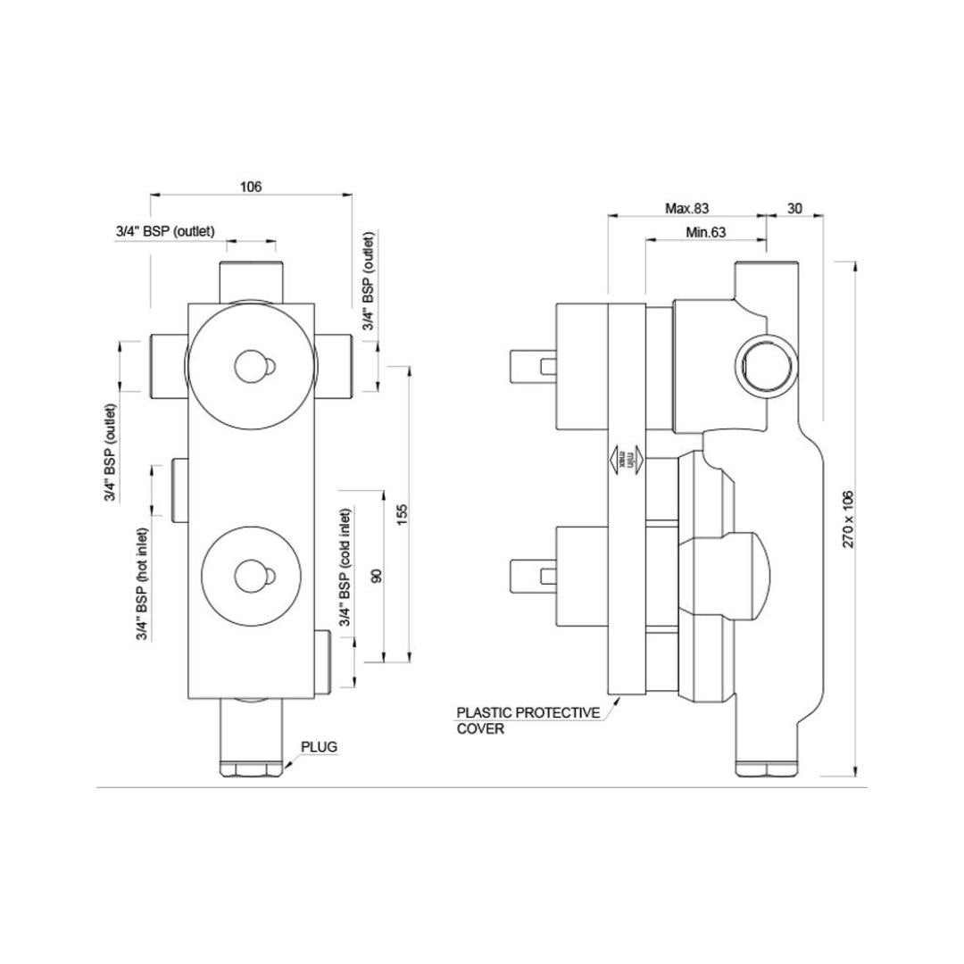 Jaquar 3 Way Thermostatic Diverter Valve Aquamax ALD-CHR-683 - Chrome