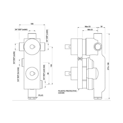 Jaquar 3 Way Thermostatic Diverter Valve Aquamax ALD-CHR-683 - Chrome
