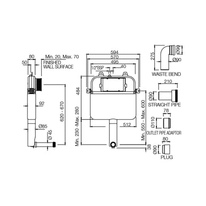 Artize Pneumatic Concealed Wall Mounted Cistern Without Frame APC-WHT-5012500P - White