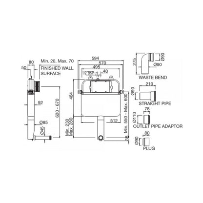 Artize Pneumatic Concealed Wall Mounted Cistern Without Frame APC-WHT-5012500S - White