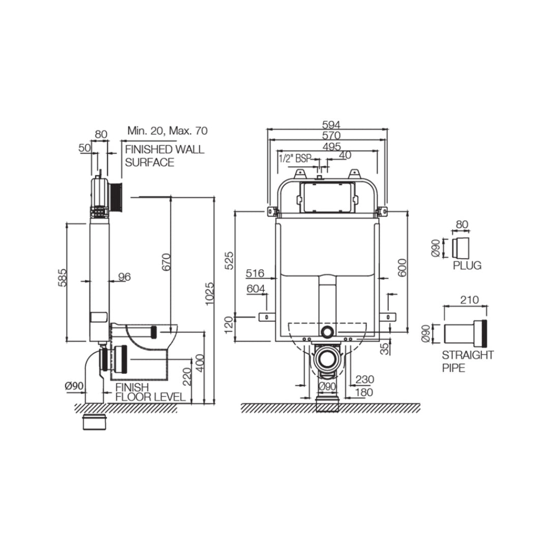 Artize Pneumatic Concealed Wall Mounted Cistern Half Frame APC-WHT-5012500WS - White