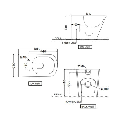 Jaquar Wall Mounted White Closet WC Aria ARS-WHT-39955P180UFSM with P-Trap