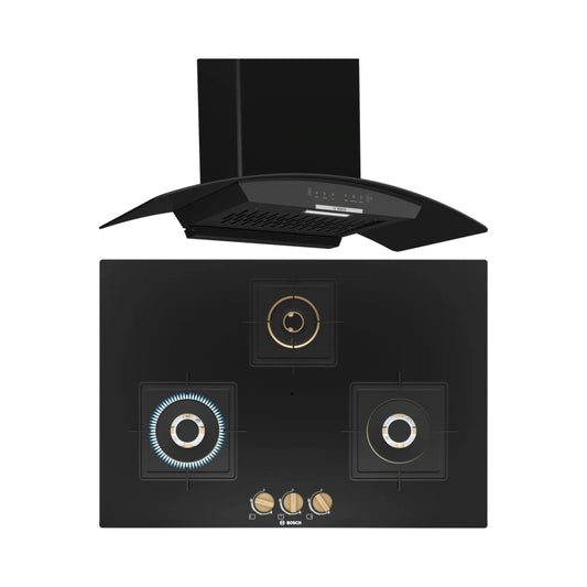 Bosch 90 cm Wall Mounted Chimney DWA98IJ60I + Bosch 75 cm 3 Burner Hob True Brass 2D PND7B6F20I