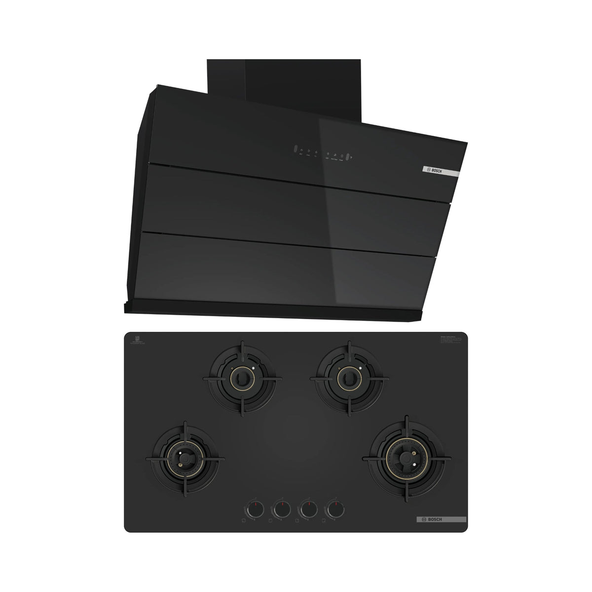 Bosch 90 cm Wall Mounted Chimney DWK98IJ60I + Bosch 90 cm 4 Burner Hob Series 6 PNH9O6G20I