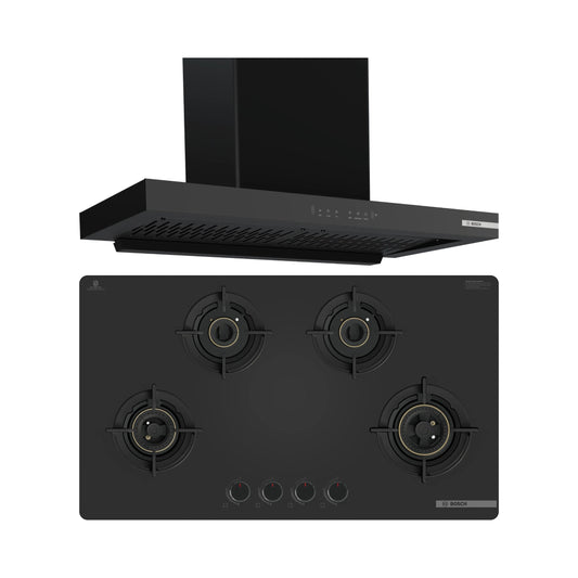 Bosch 90 cm Wall Mounted Chimney DWB98IJ60I + Bosch 90 cm 4 Burner Hob Series 6 PNH9O6G20I