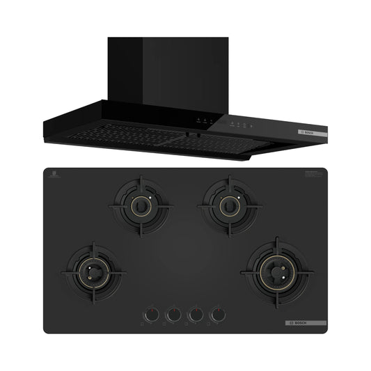 Bosch 90 cm Wall Mounted Chimney Series 2 DWB91CJ60I + Bosch 90 cm 4 Burner Hob Series 6 PNH9O6G20I