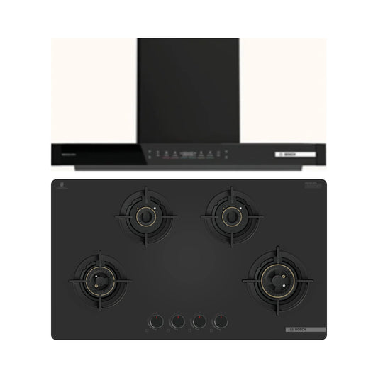 Bosch 90 cm Wall Mounted Chimney Series 4 DWB91PK61I + Bosch 90 cm 4 Burner Hob Series 6 PNH9O6G20I