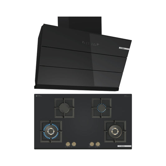 Bosch 90 cm Wall Mounted Chimney DWK98IJ60I + Bosch 90 cm 4 Burner Hob Series 6 PNF9B6G21I