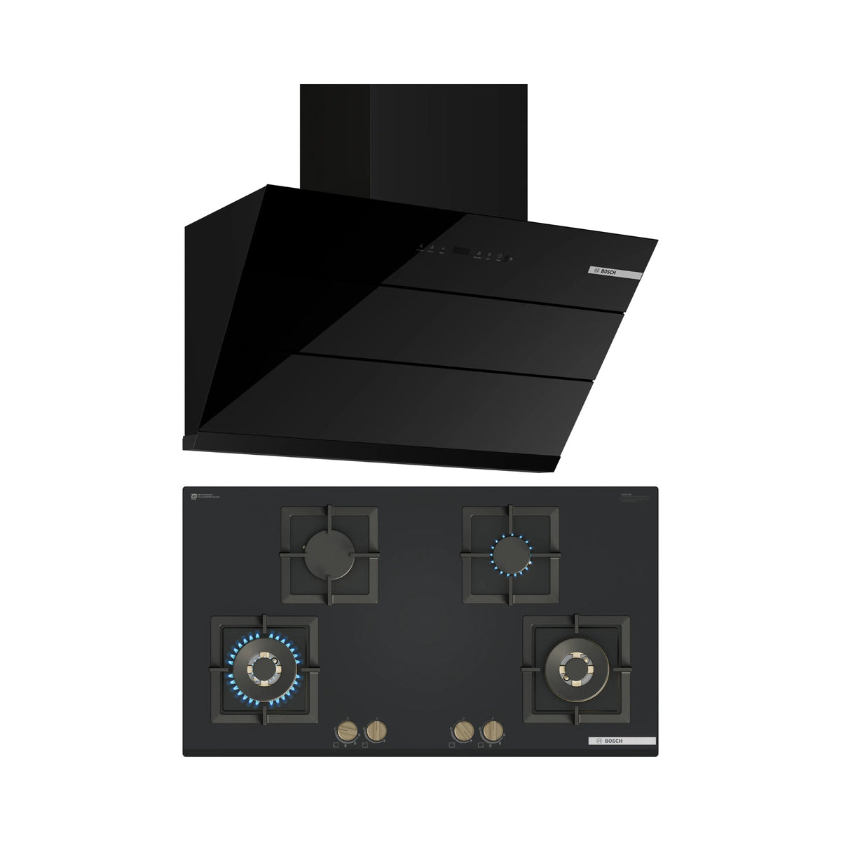 Bosch 90 cm Wall Mounted Chimney Series 2 DWK91CJ60I + Bosch 90 cm 4 Burner Hob Series 6 PNF9B6G21I