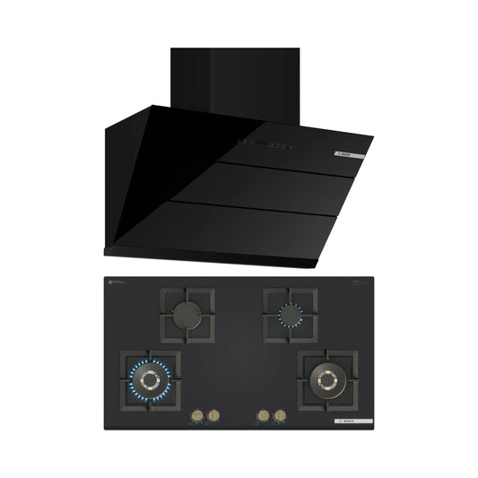 Bosch 90 cm Wall Mounted Chimney Series 2 DWK91CJ60I + Bosch 90 cm 4 Burner Hob Series 6 PNF9B6G21I