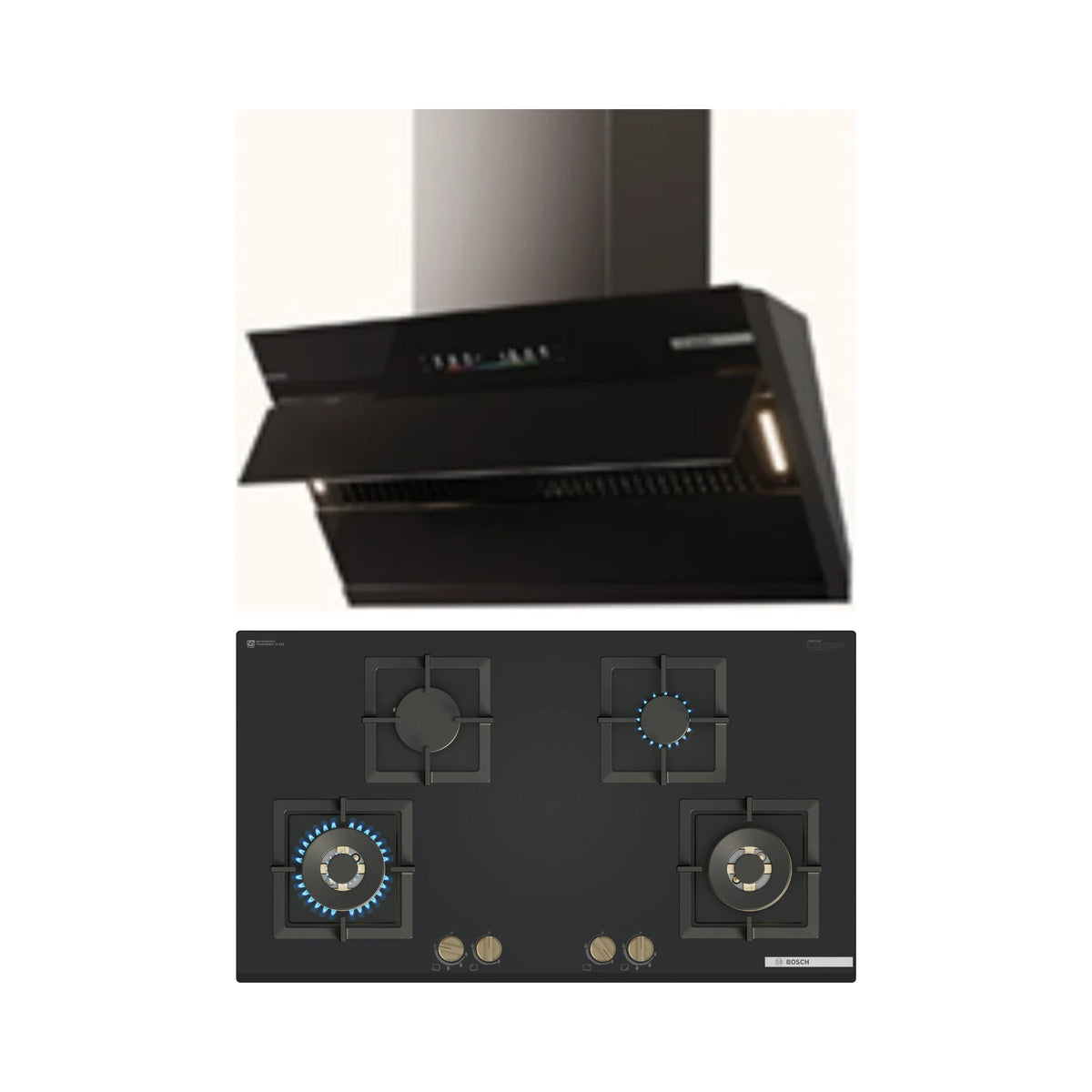Bosch 90 cm Wall Mounted Chimney Series 4 DWK91PK61I + Bosch 90 cm 4 Burner Hob Series 6 PNF9B6G21I