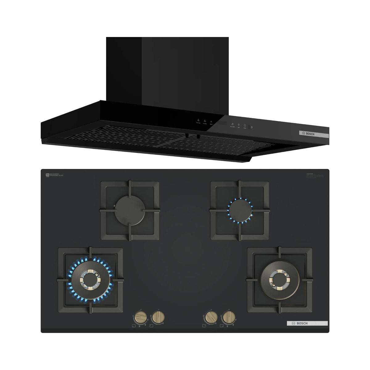 Bosch 90 cm Wall Mounted Chimney Series 2 DWB91CJ60I + Bosch 90 cm 4 Burner Hob Series 6 PNF9B6G21I