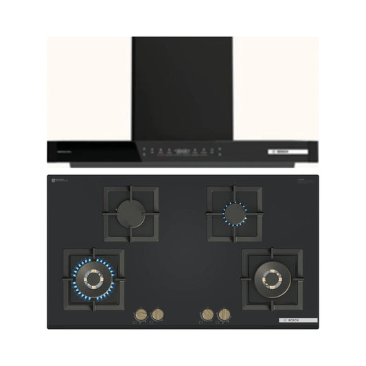 Bosch 90 cm Wall Mounted Chimney Series 4 DWB91PK61I + Bosch 90 cm 4 Burner Hob Series 6 PNF9B6G21I