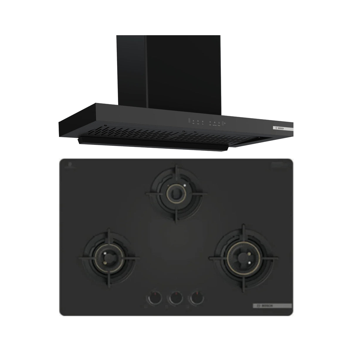 Bosch 90 cm Wall Mounted Chimney DWB98IJ60I + Bosch 78 cm 3 Burner Hob Series 4 PNE7O6G20I