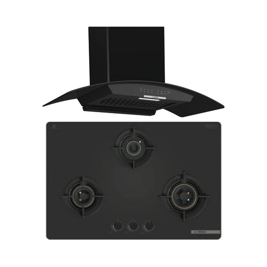 Bosch 90 cm Wall Mounted Chimney DWA98IJ60I + Bosch 78 cm 3 Burner Hob Series 4 PNE7O6G20I