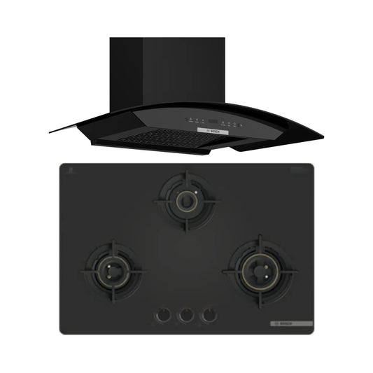 Bosch 90 cm Wall Mounted Chimney Series 2 DWA91BJ60I + Bosch 78 cm 3 Burner Hob Series 4 PNE7O6G20I