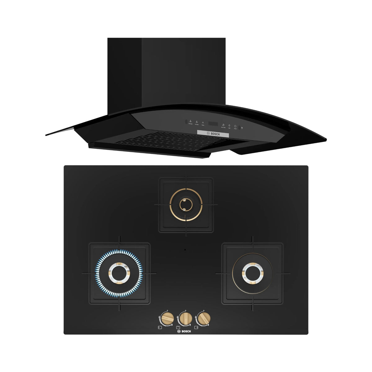Bosch 90 cm Wall Mounted Chimney Series 2 DWA91BJ60I + Bosch 75 cm 3 Burner Hob True Brass 2D PND7B6F20I